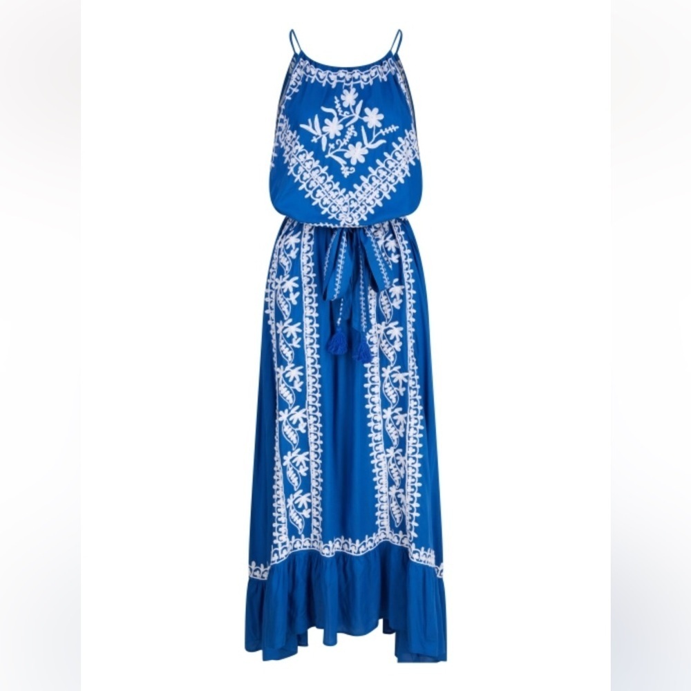 Gorgeous Bohemian Blue Embroidered Maxi Dress with Tie Waist Heirloom Quality